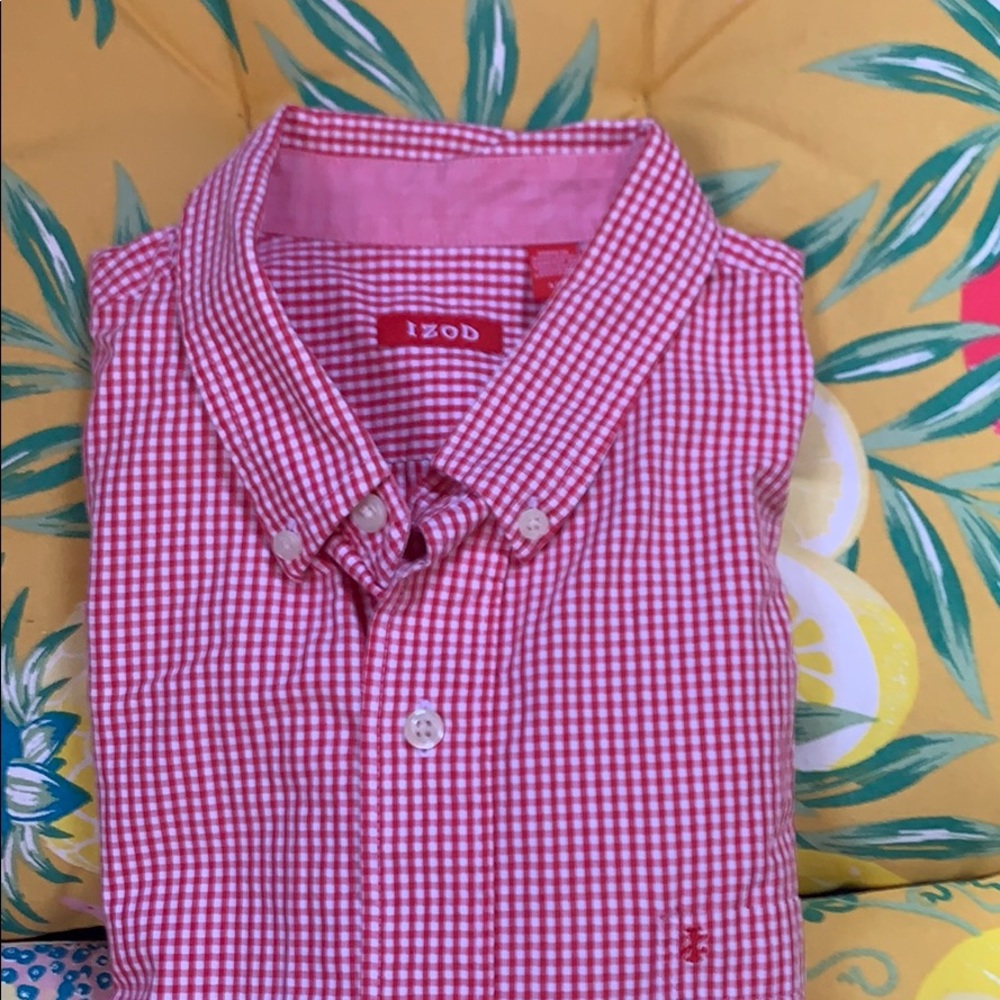 Izod short sleeve red gingham button down shirt
